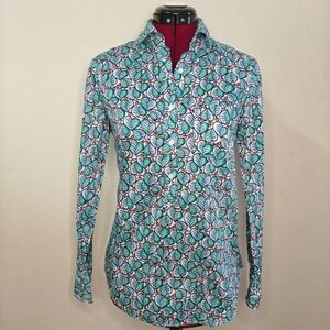J.Crew Womens Popover Collared Blouse Shirt Green Tropical 100% Cotton Size 0